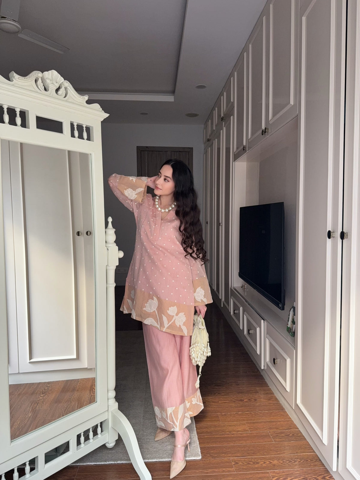 Pink Blossom Chanderi Mirrorwork Coord Set
