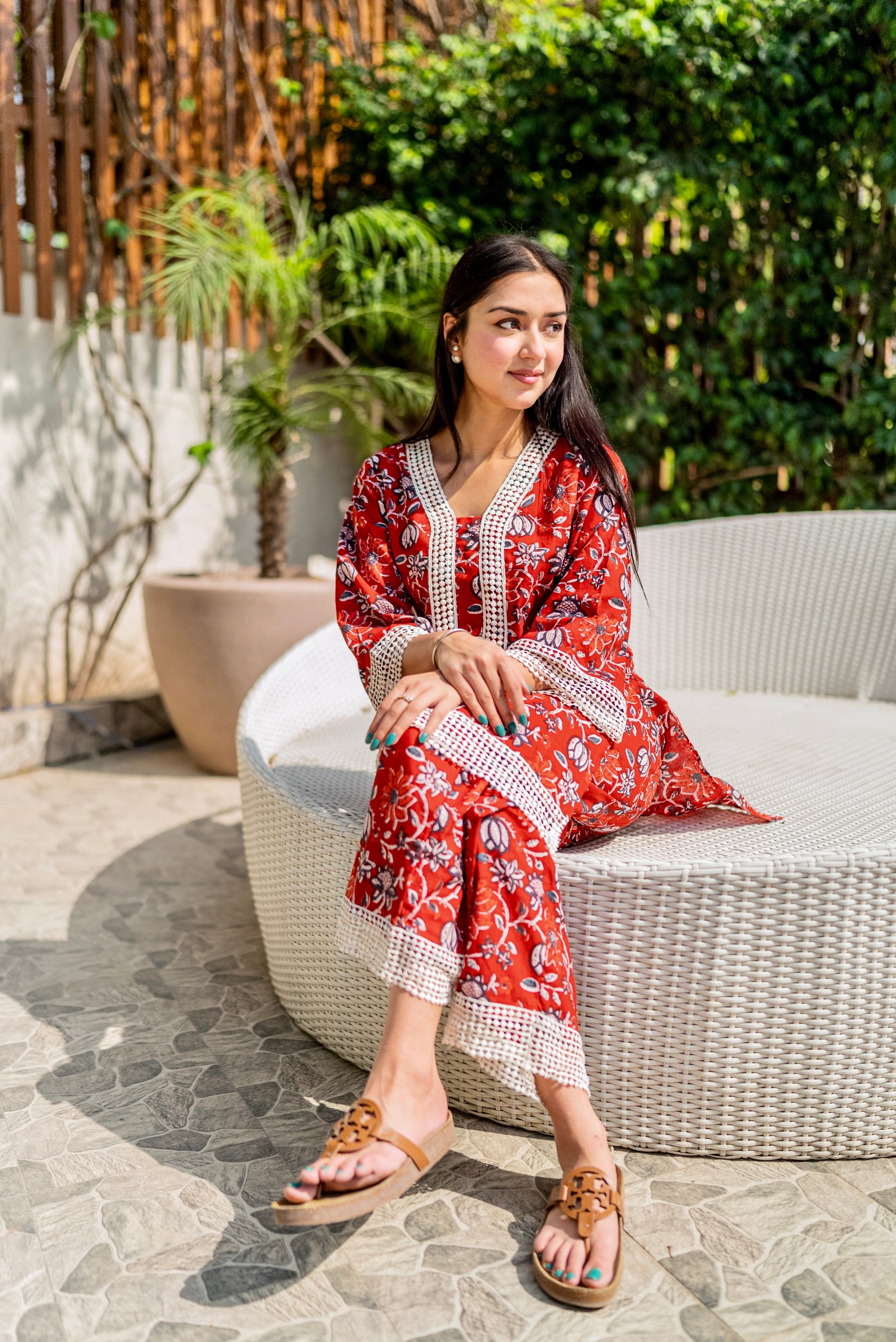 Red Block Print Lace Kurta Pants Set