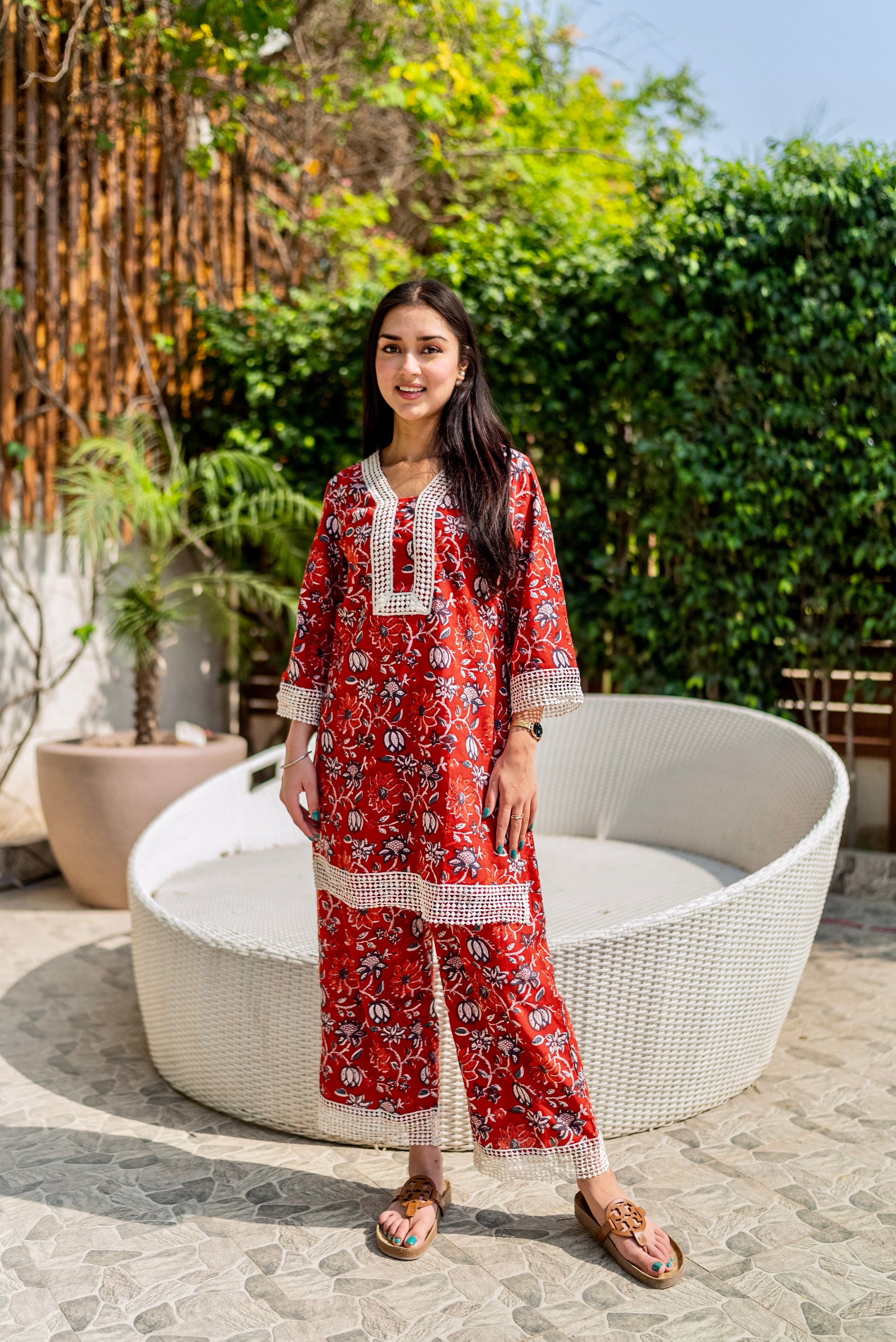 Red Block Print Lace Kurta Pants Set