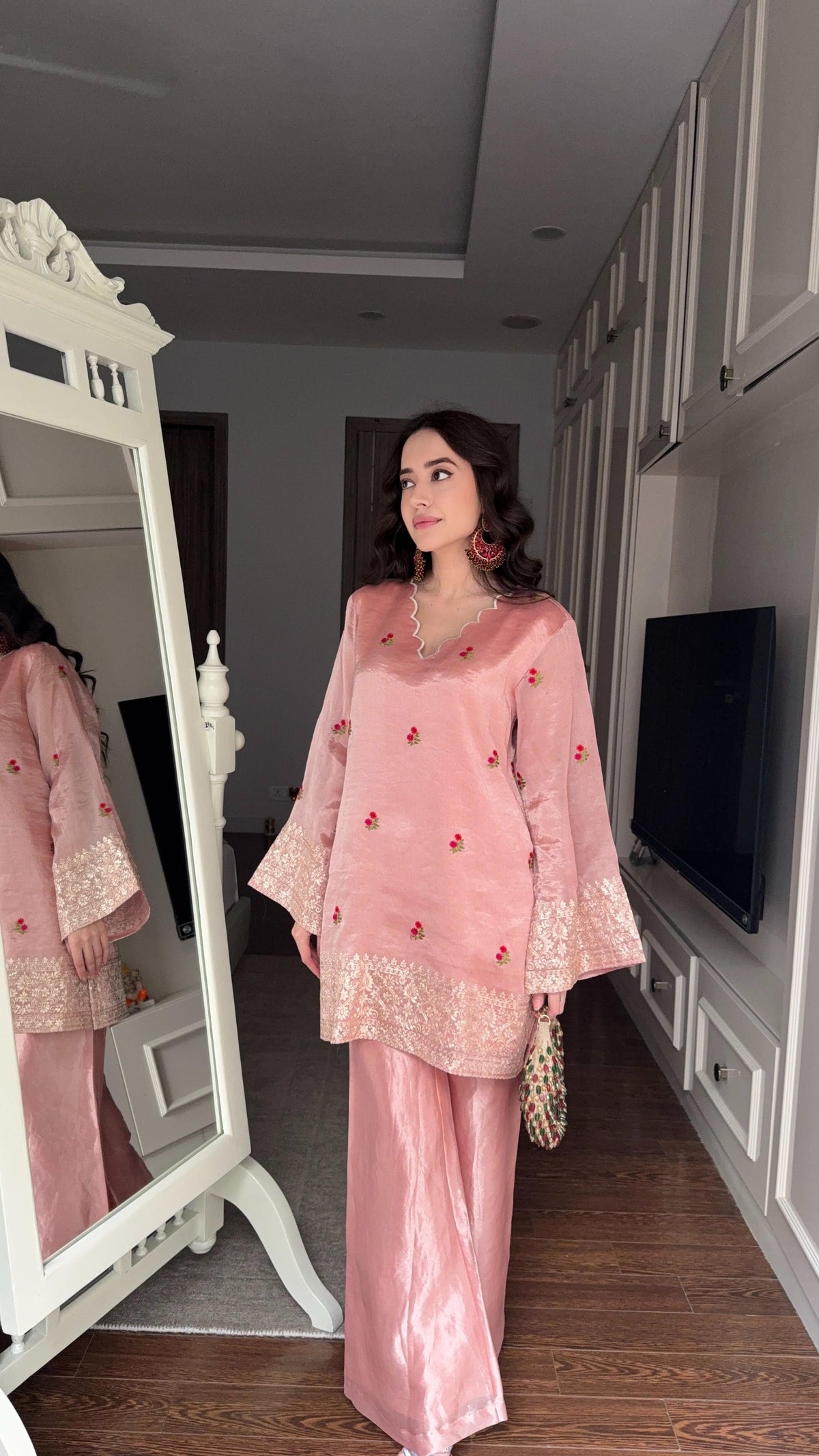 Rose Pink Floral Tissue Embroidered Coord Set
