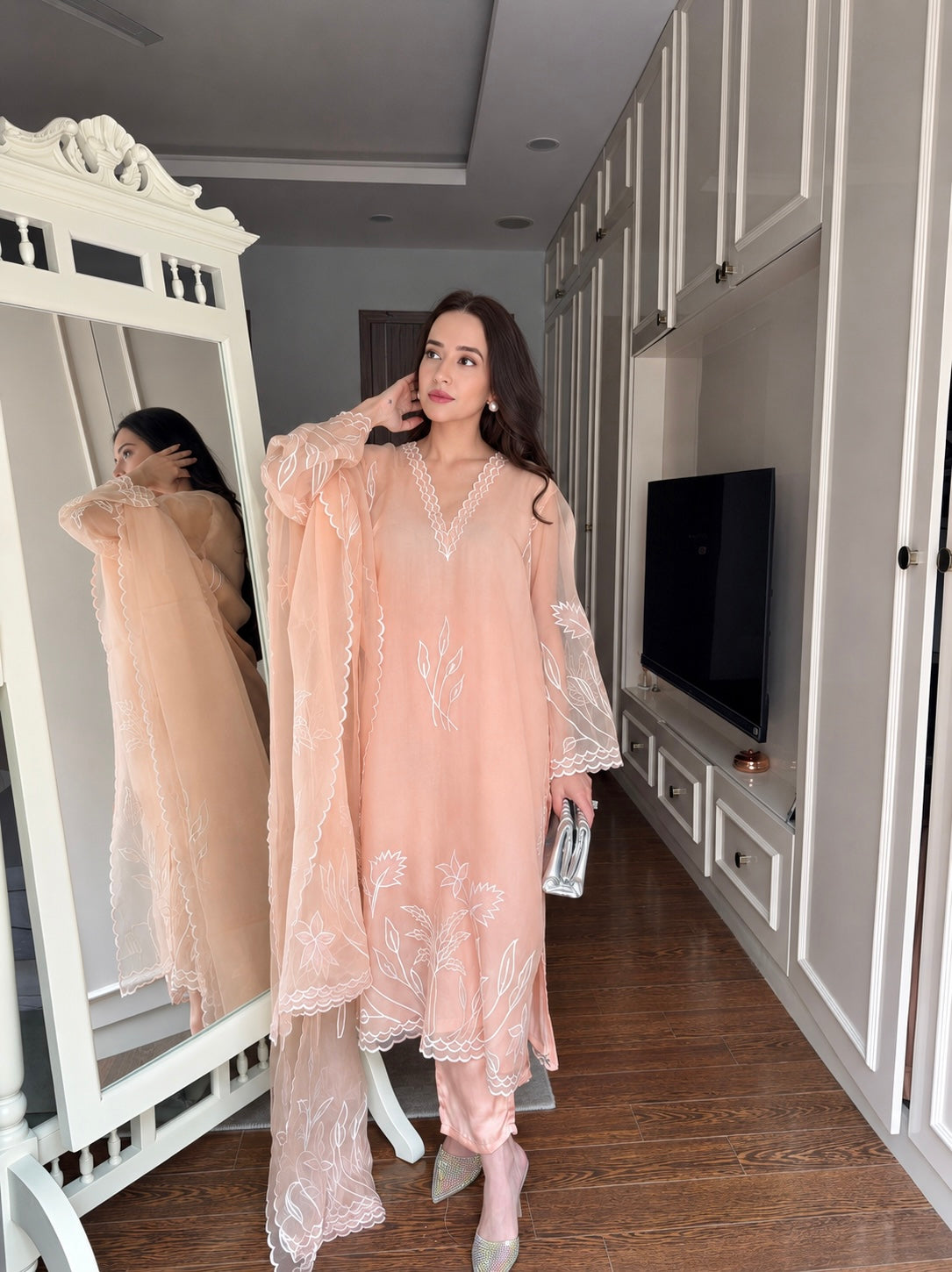 Peach Embroidered Organza Suit Set