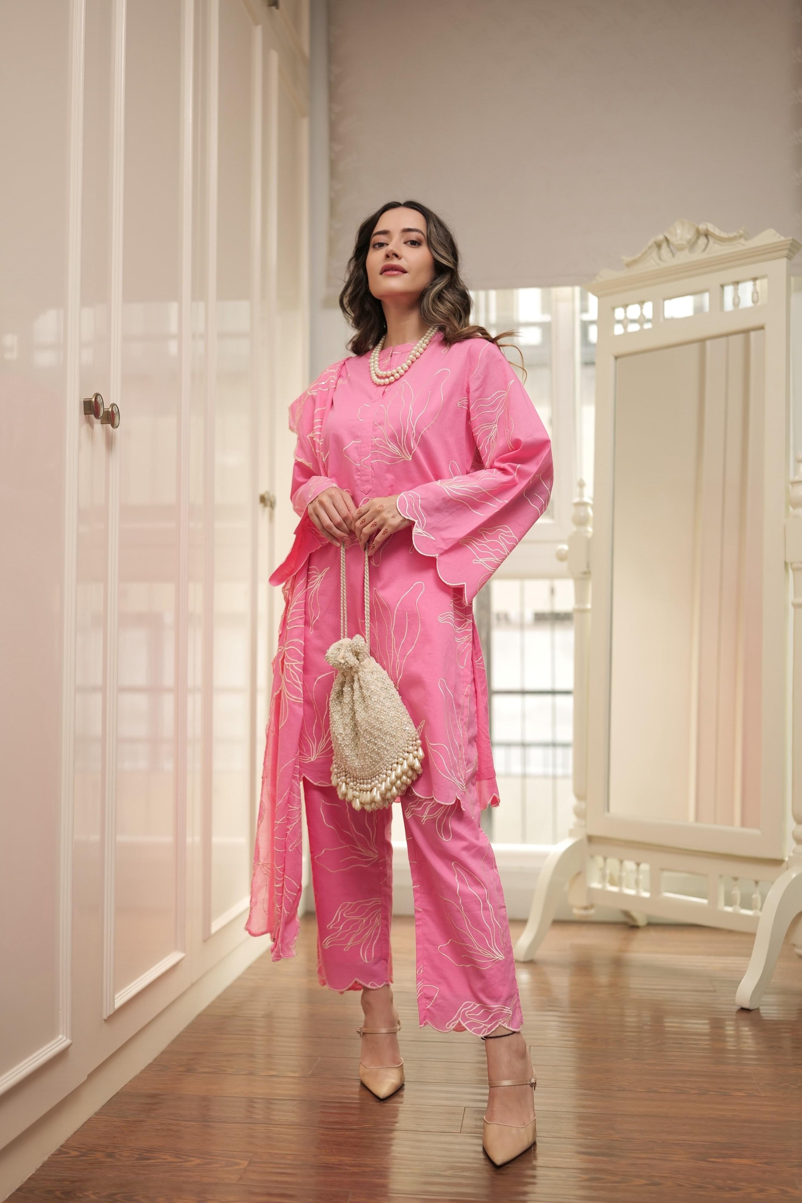 Pink Cotton Emboridered And Printed Suit Set
