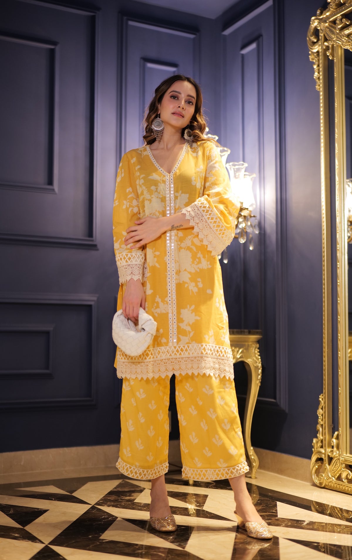Floral Mustard Kurta Pants Set