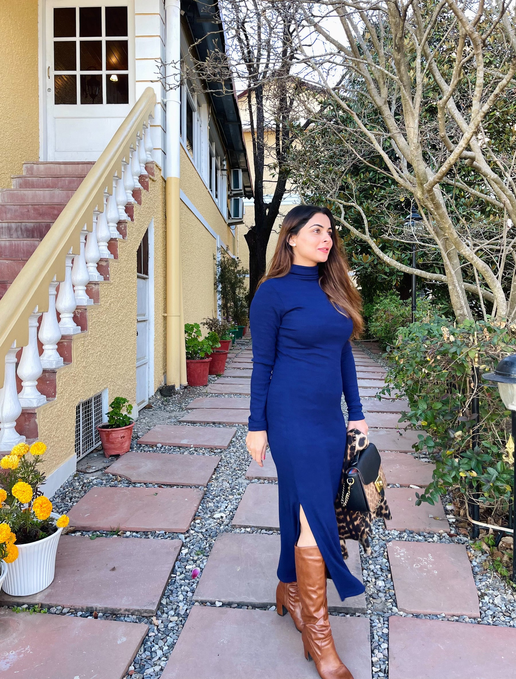 Blue High Neck Slit Dress
