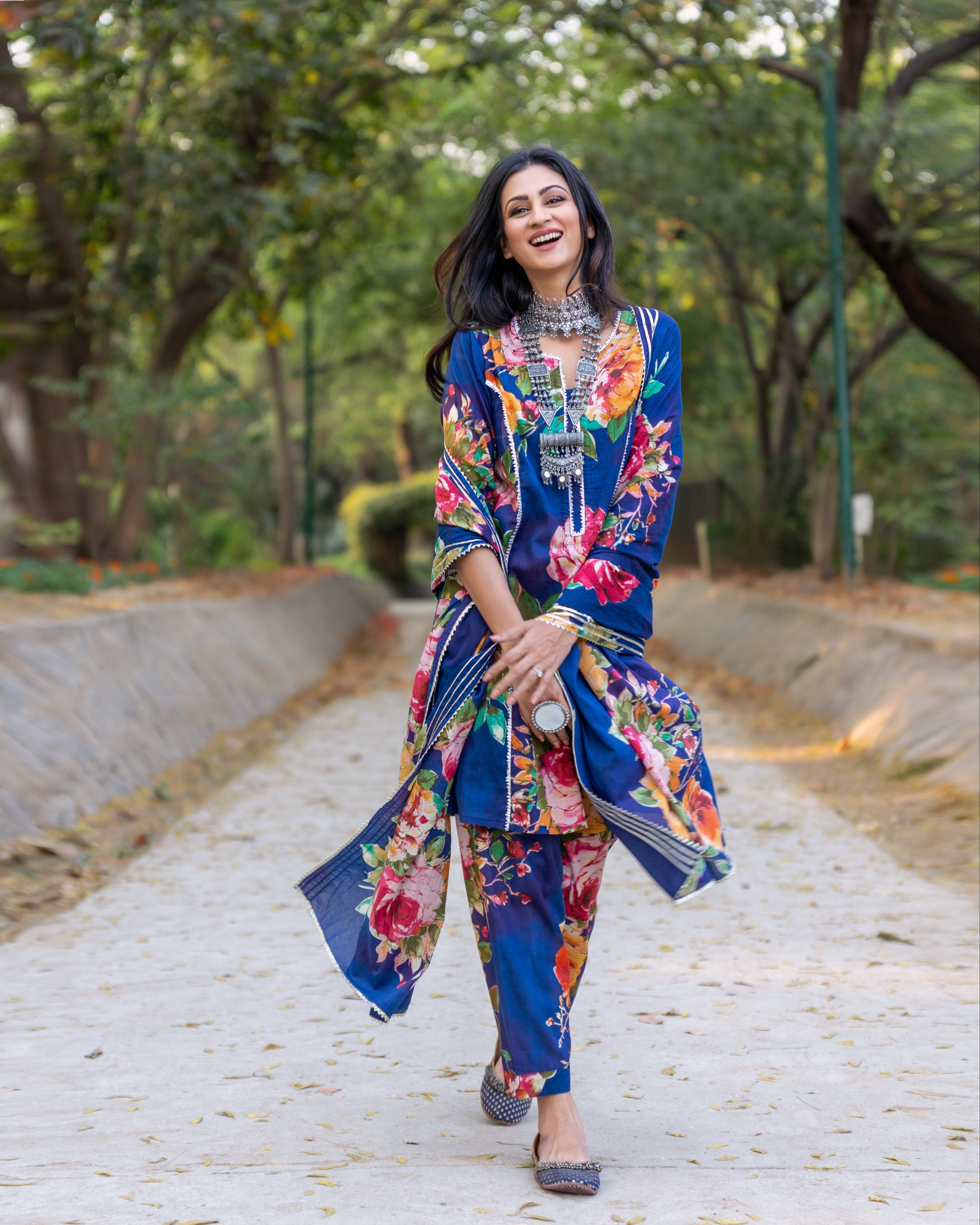 Black Cotton Floral Printed Suit Set