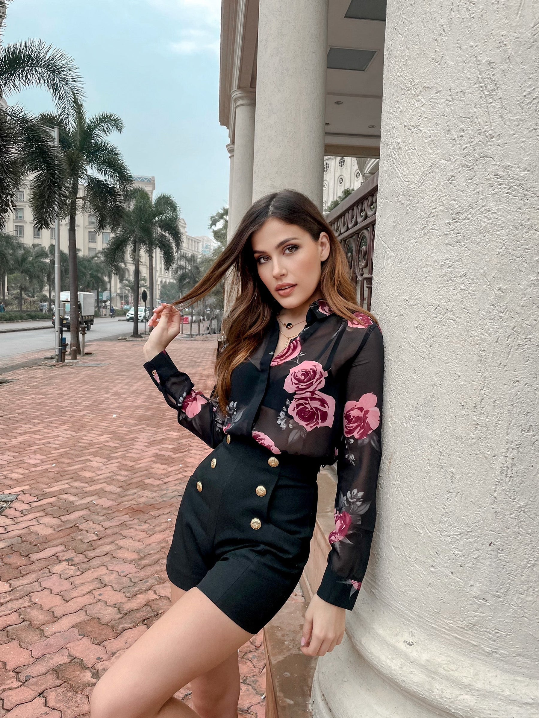 Black Floral Rose Print Shirt