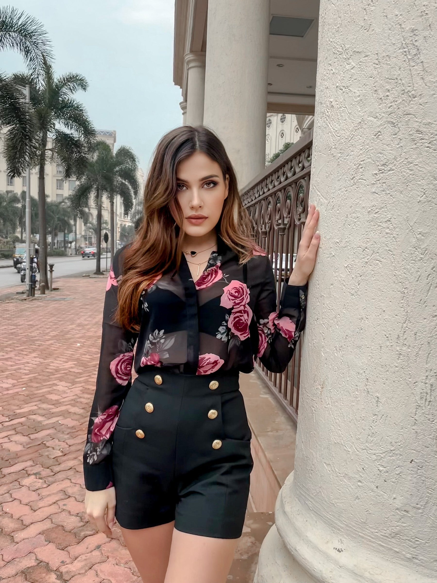 Black Floral Rose Print Shirt