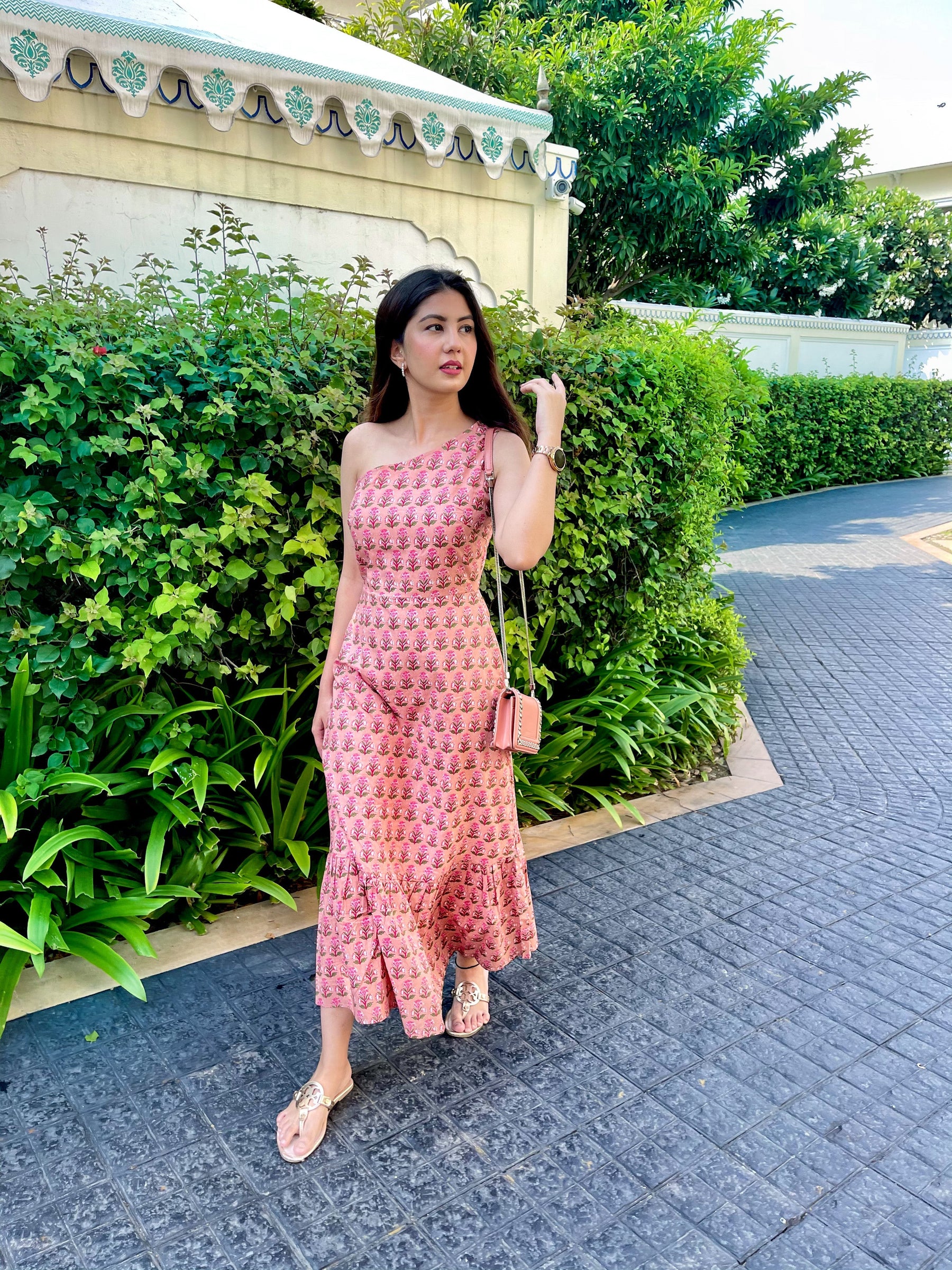 Pink Floral One Shoulder Dress
