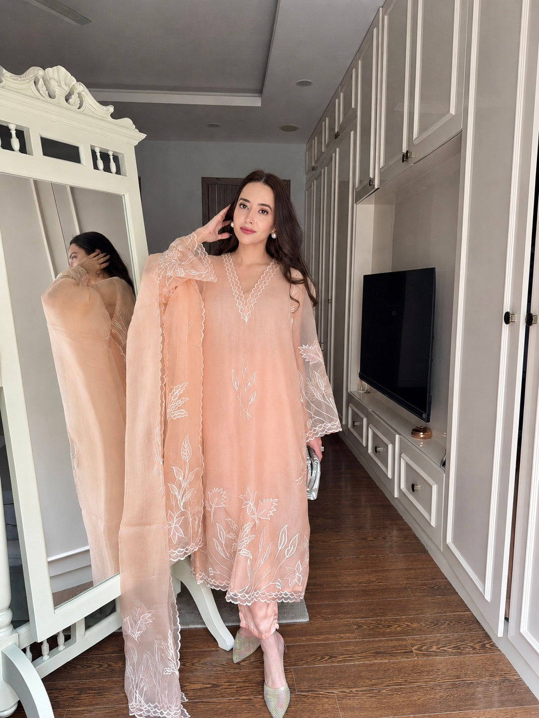 Peach Embroidered Organza Suit Set