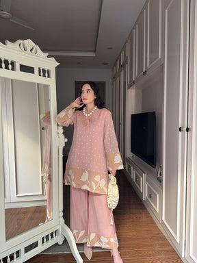 Pink Blossom Chanderi Mirrorwork Coord Set