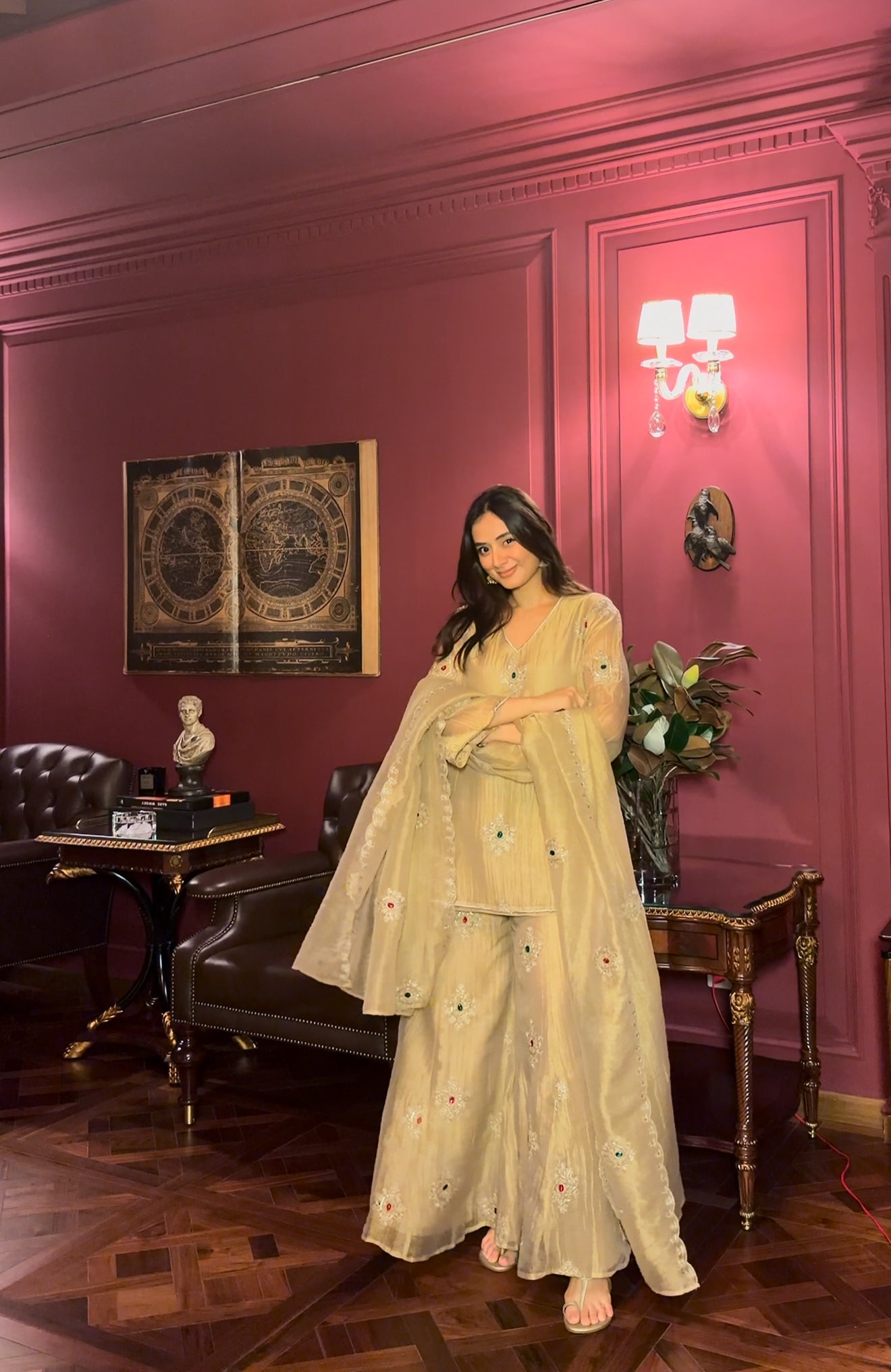 Metallic Gold Stone & Zariwork Kurta Sharara Set