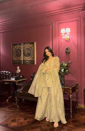 Metallic Gold Stone & Zariwork Kurta Sharara Set