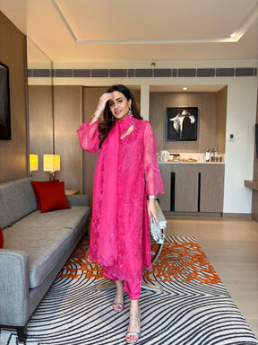 Hot Pink Organza Embroidered Suit Set