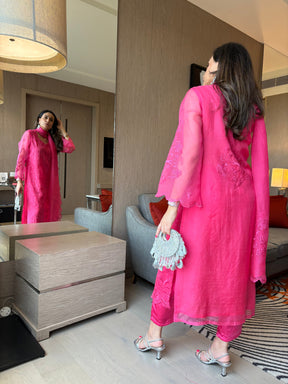 Hot Pink Organza Embroidered Suit Set