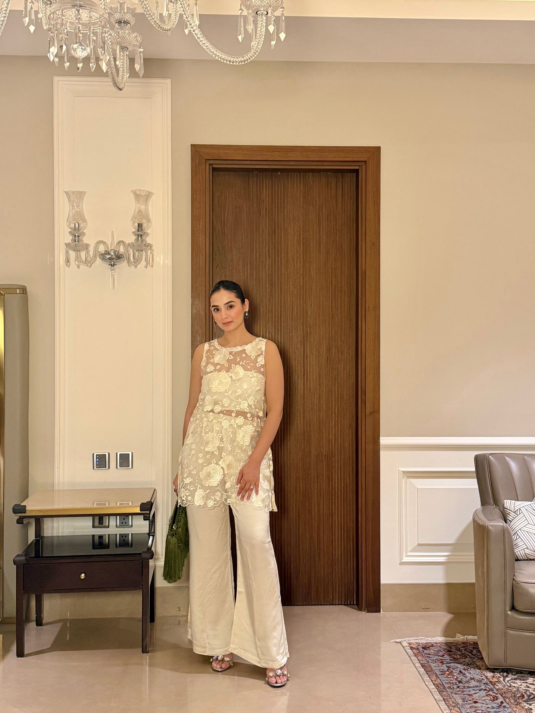 Ivory Embroidered Organza Coord Set