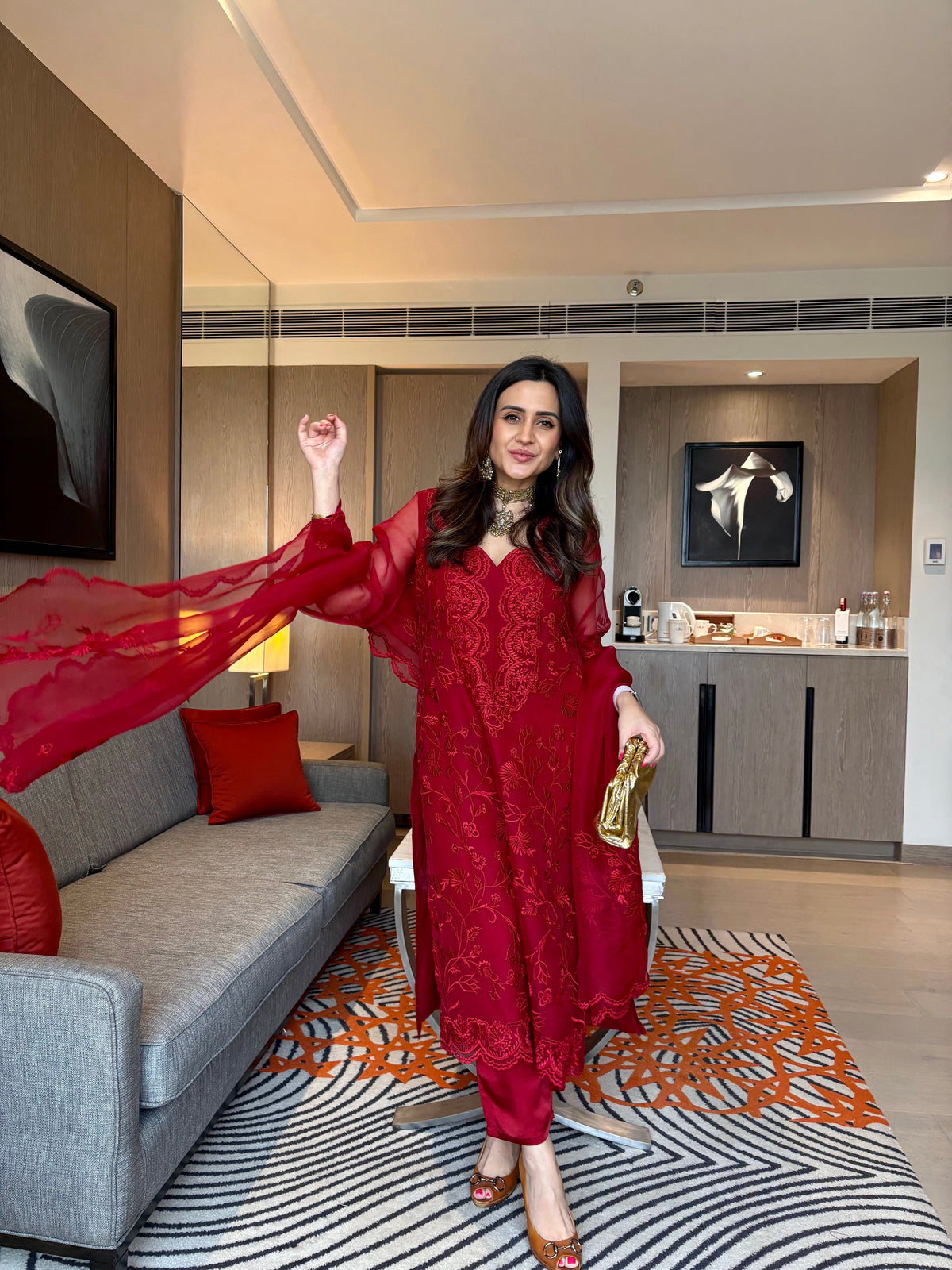 Cherry Red Organza Embroidered Suit Set