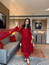 Cherry Red Organza Embroidered Suit Set