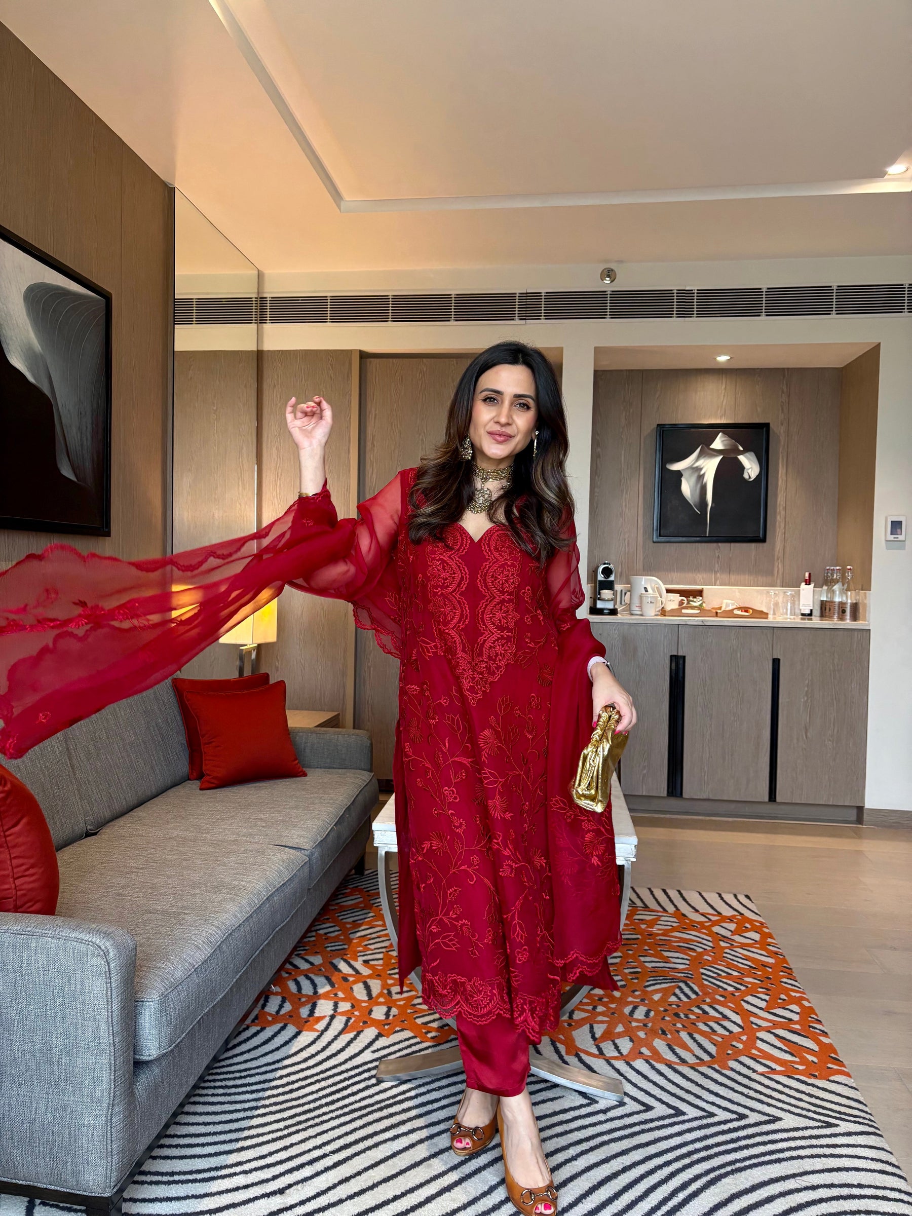 Cherry Red Organza Embroidered Suit Set