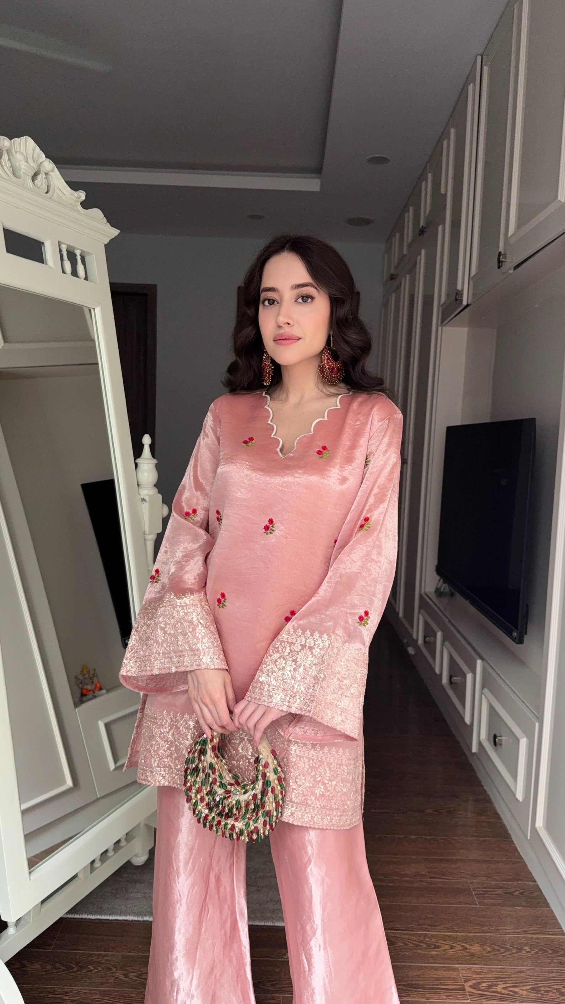 Rose Pink Floral Tissue Embroidered Coord Set