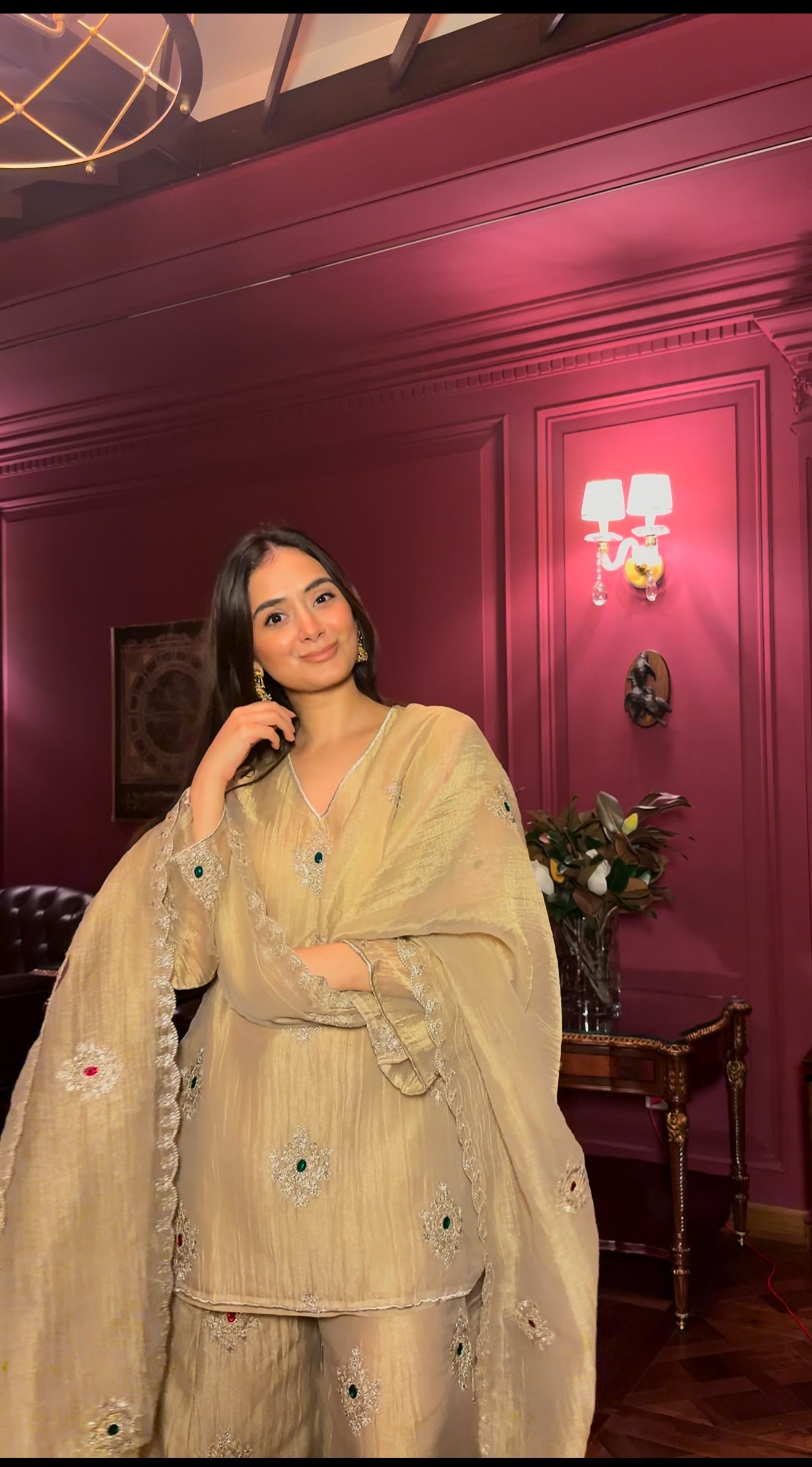 Metallic Gold Stone & Zariwork Kurta Sharara Set