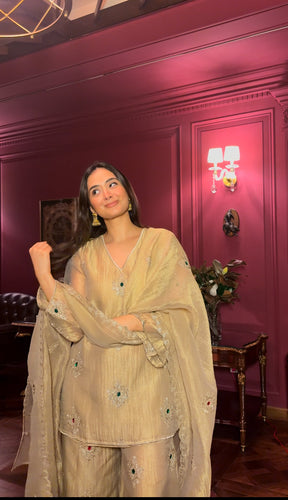 Metallic Gold Stone & Zariwork Kurta Sharara Set
