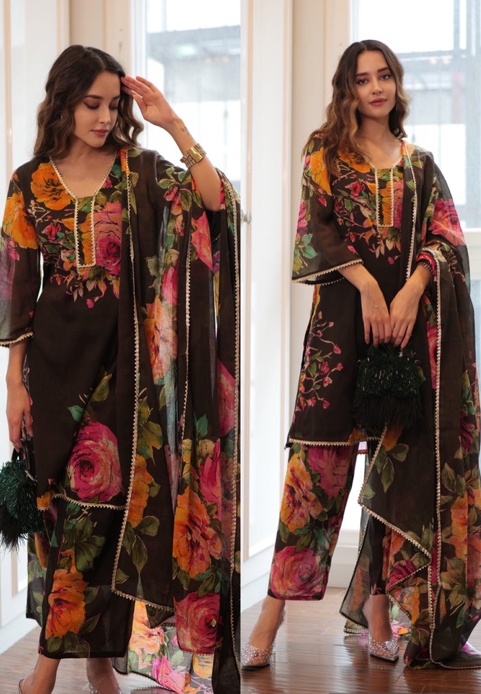 Brown Printed Silk Blend Suit Set