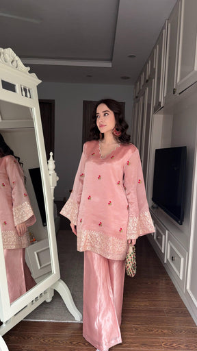 Rose Pink Floral Tissue Embroidered Coord Set