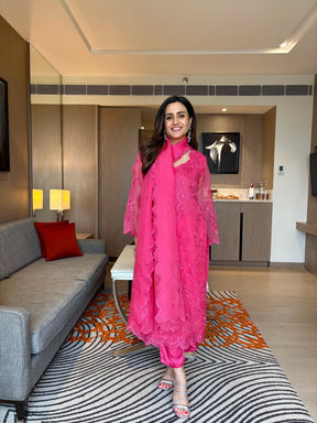 Hot Pink Organza Embroidered Suit Set