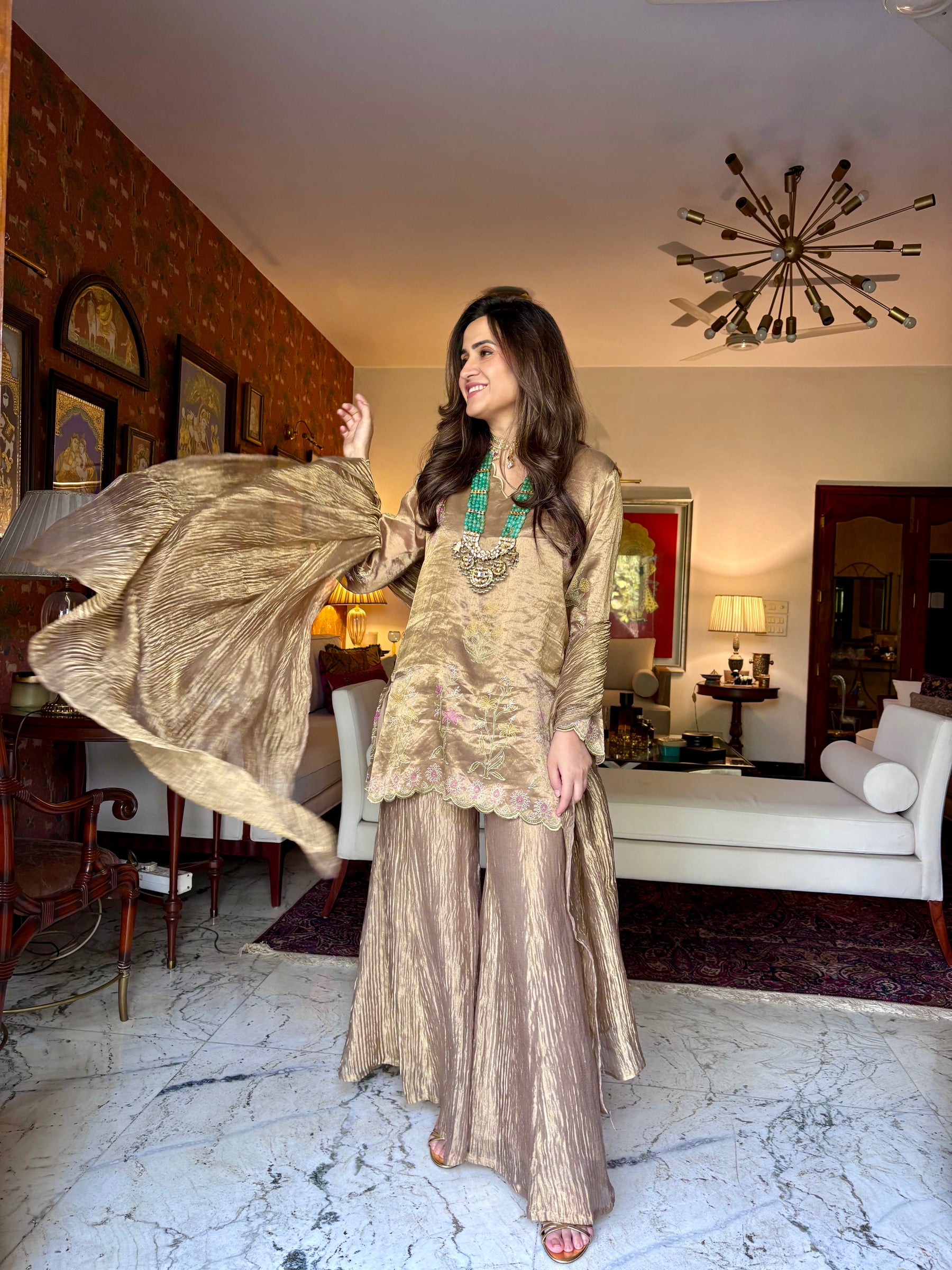 Gold Tissue Block Print Sharara Set