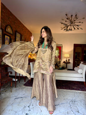 Gold Tissue Block Print Sharara Set