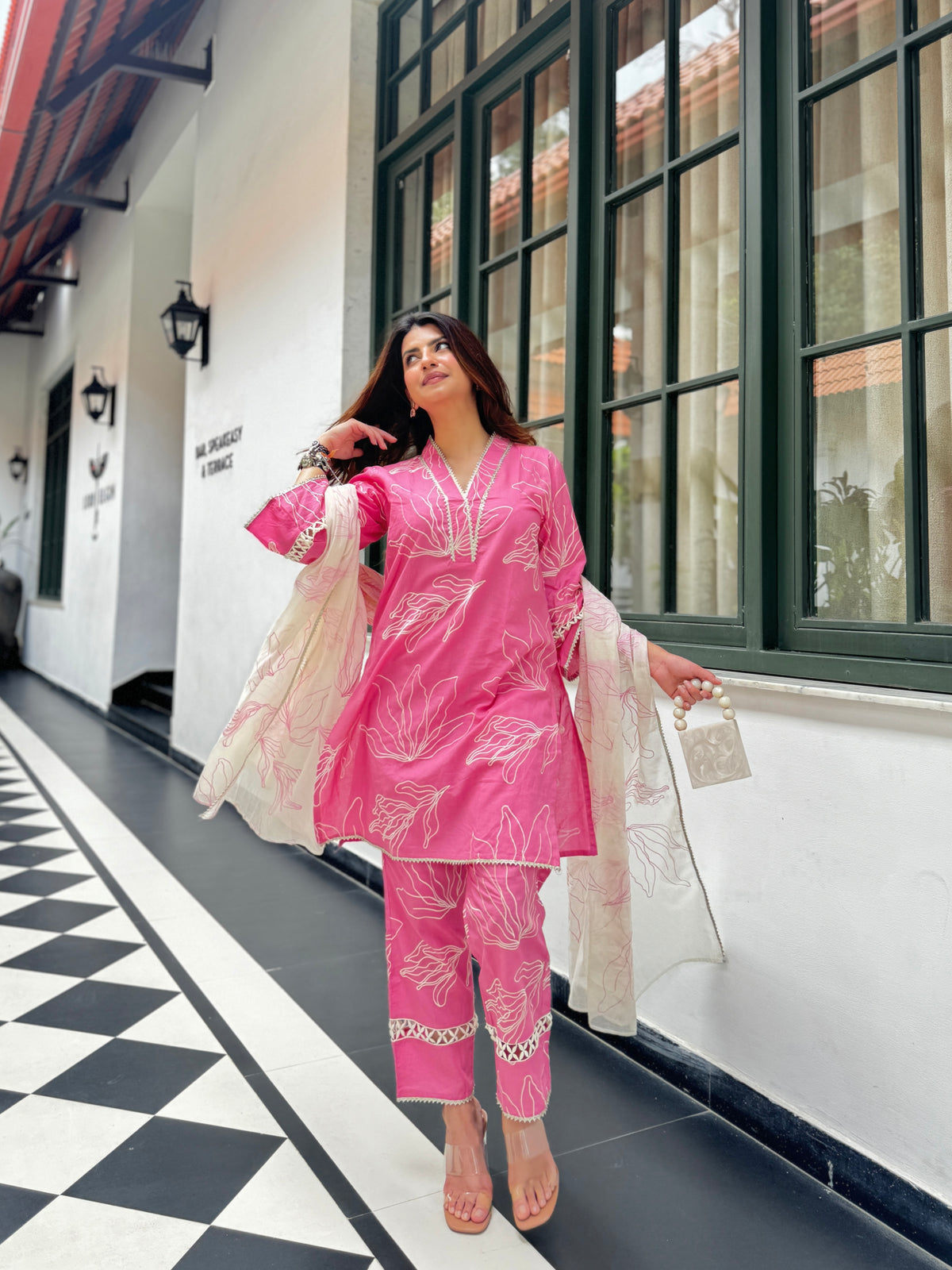 Pink Floral Embroidered Suit Set