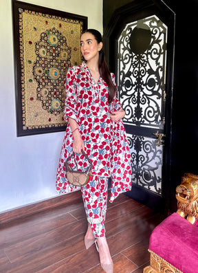 Cream and Red Floral Suit Set