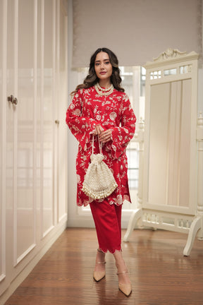 Red and White Embroidered Kurta Pants Set