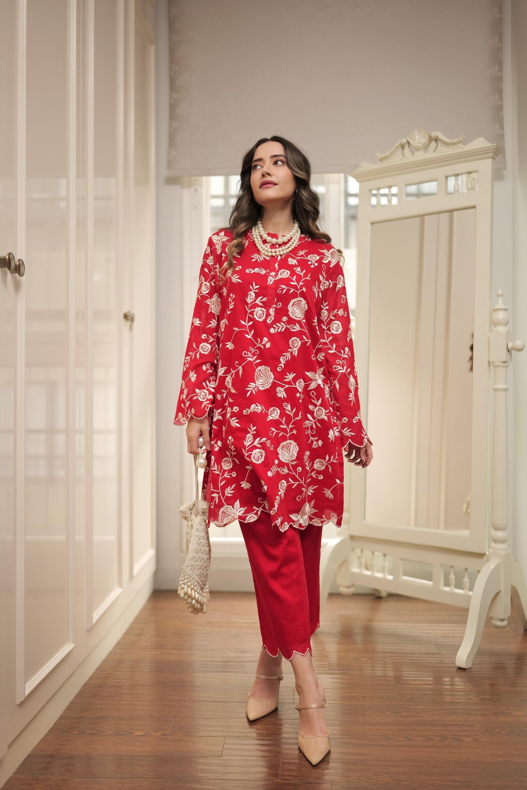 Red and White Embroidered Kurta Pants Set